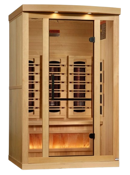Front Right Side View Of The Golden Designs Reserve Edition 2-Person Full Spectrum EMF Indoor Sauna With Himalayan Salt Bar | GDI-8020-03