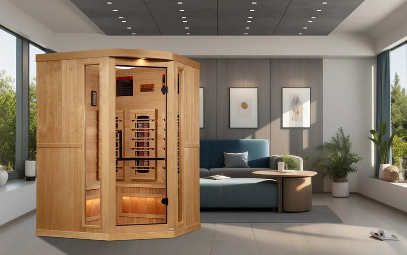 Front Right Side View Of The Golden Designs Reserve Edition 3-Person Full Spectrum EMF Corner Indoor Sauna With Himalayan Salt Bar | GDI-8035-03 Shown In An Indoor Setting