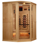 Front Right Side View Of The Golden Designs Reserve Edition 3-Person Full Spectrum EMF Corner Indoor Sauna With Himalayan Salt Bar | GDI-8035-03