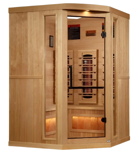 Front Right Side View Of The Golden Designs Reserve Edition 3-Person Full Spectrum EMF Corner Indoor Sauna With Himalayan Salt Bar | GDI-8035-03