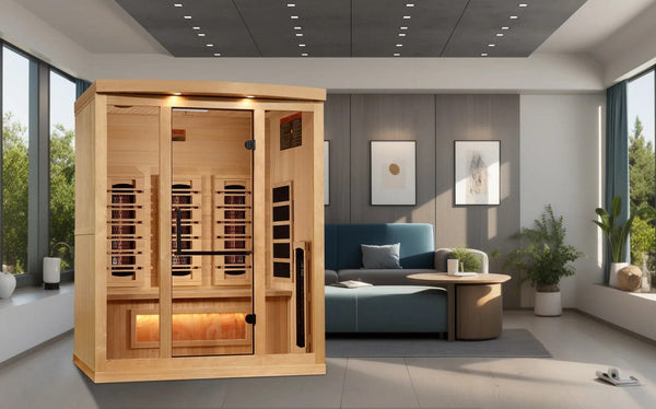 Front Right Side View Of The Golden Designs Reserve Edition 3-Person Full Spectrum EMF Indoor Sauna With Himalayan Salt Bar | GDI-8030-03 Shown In An Indoor Living Room Setting