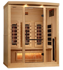 Front Right Side View Of The Golden Designs Reserve Edition 3-Person Full Spectrum EMF Indoor Sauna With Himalayan Salt Bar | GDI-8030-03