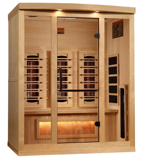 Front Right Side View Of The Golden Designs Reserve Edition 3-Person Full Spectrum EMF Indoor Sauna With Himalayan Salt Bar | GDI-8030-03