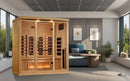 Front Right Side View Of The Golden Designs Reserve Edition 4-Person Full Spectrum EMF Indoor Sauna With Himalayan Salt Bar | GDI-8040-03 Shown In A Living Room Setting