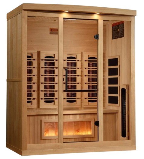 Front Right Side View Of The Golden Designs Reserve Edition 4-Person Full Spectrum EMF Indoor Sauna With Himalayan Salt Bar | GDI-8040-03