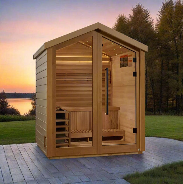 Front Right Side View Of The Golden Designs Savonlinna 3-Person Outdoor Sauna | GDI-8503-01 Shown In An Outdoor Setting