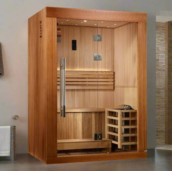 Front Right Side View Of The Golden Designs Sundsvall 2-Person Indoor Sauna | GDI-7289-02 Shown In A Home Setting