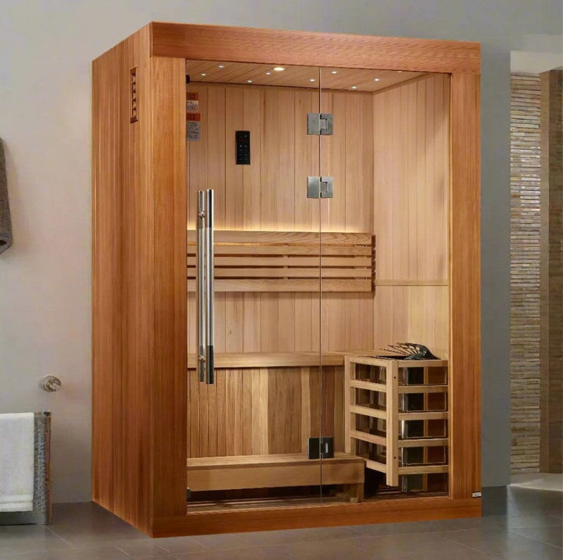 Front Right Side View Of The Golden Designs Sundsvall 2-Person Indoor Sauna | GDI-7289-02 Shown In A Home Setting