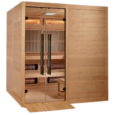 Front Right Side View Of The Golden Designs Toledo 6-Person Full Spectrum EMF Hybrid Indoor Sauna | GDI-8360-01 Shown With Wheelchair Ramp