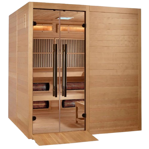 Front Right Side View Of The Golden Designs Toledo 6-Person Full Spectrum EMF Hybrid Indoor Sauna | GDI-8360-01 Shown With Wheelchair Ramp