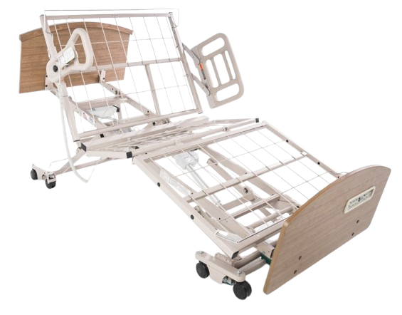 Front Right Side View Of The Graham Field Matrix 6200 Hi-Low Hospital Homecare Bed Shown In The Cardiac Chair Position With Side Rails