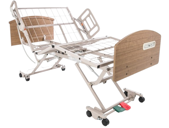Front Right Side View Of The Graham Field Matrix 6200 Hi-Low Hospital Homecare Bed Shown In The Elevated Articulated Position With Side Rails