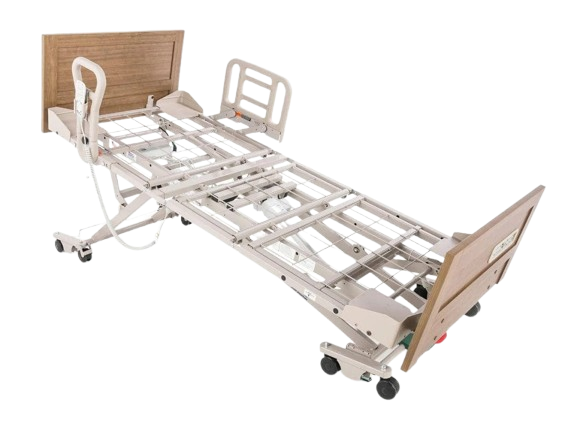 Front Right Side View Of The Graham Field Zenith 7200 APS Hi-Lo Hospital Homecare Bed In The Reverse Trendelenburg Position With Side Rails