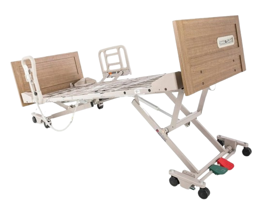 Front Right Side View Of The Graham Field Zenith 7200 APS Hi-Lo Hospital Homecare Bed In The Trendelenburg Position With Side Rails