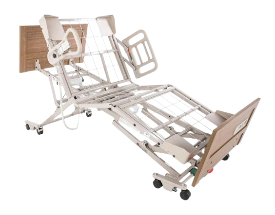 Front Right Side View Of The Graham Field Zenith 7200 APS Hi-Lo Hospital Homecare Bed Shown In The Cardiac Chair Position With Side Rails