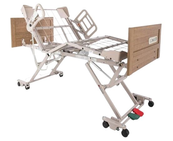 Front Right Side View Of The Graham Field Zenith 7200 APS Hi-Lo Hospital Homecare Bed Shown In The Elevated Adjusted Position With Side Rails 