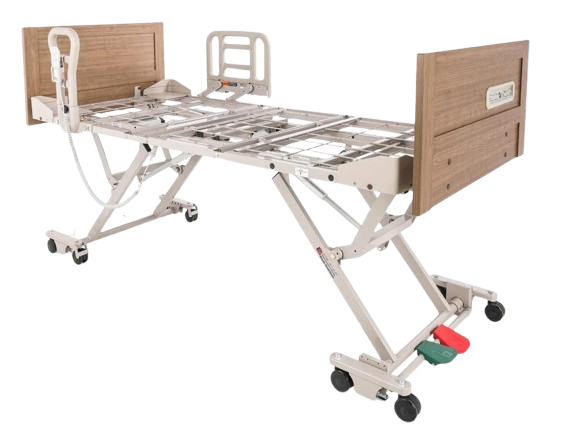 Front Right Side View Of The Graham Field Zenith 7200 APS Hi-Lo Hospital Homecare Bed Shown In The Elevated Flat Position