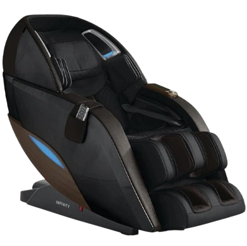 Front Right Side View Of The Infinity Dynasty 4D Massage Chair Shown In Black/Dark Brown Color
