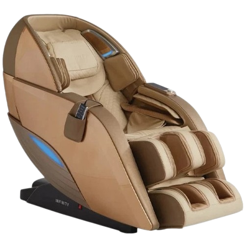 Front Right Side View Of The Infinity Dynasty 4D Massage Chair Shown In Gold/Tan Color