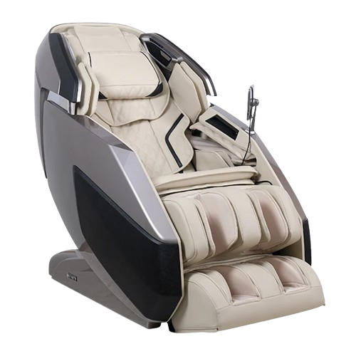 Front Right Side View Of The Infinity Imperial Syner-D Massage Chair Shown In Gray/Tan Color