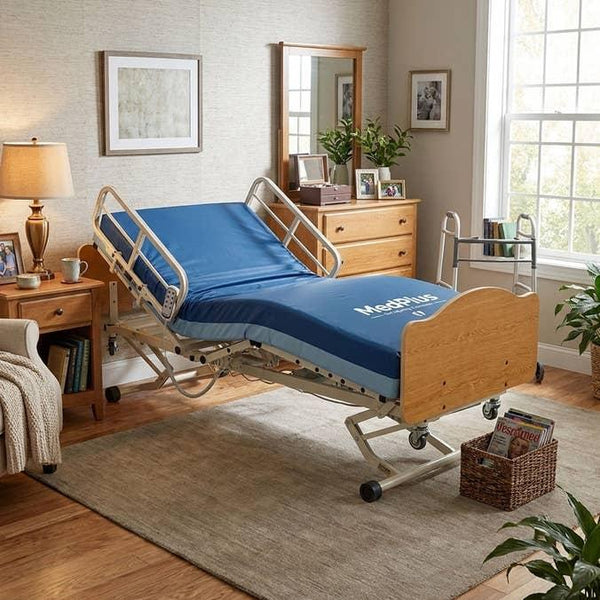 Front Right Side View Of The Joerns WeCare Hi-Low Adjustable Homecare Bed With 1/2 Length Side Rails Shown In A Home Care Setting