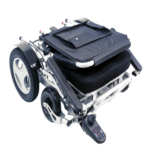 Front Right Side View Of The Karman Tranzit-Go Electric Wheelchair In The Folding Position