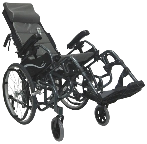 Front Right Side View Of The Karman VIP-515 Tilt-In-Space Wheelchair Shown In The Titled Position