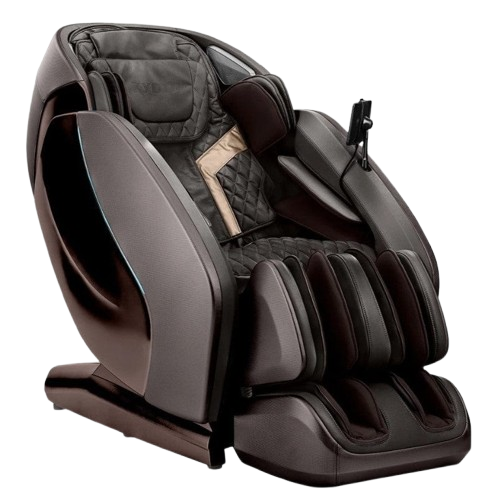 Front Right Side View Of The Kyota Hatsumei M900 AI 4D Massage Chair In Dark Brown Color