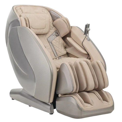 Front Right Side View Of The Kyota Hatsumei M900 AI 4D Massage Chair In Gray And Tan Color