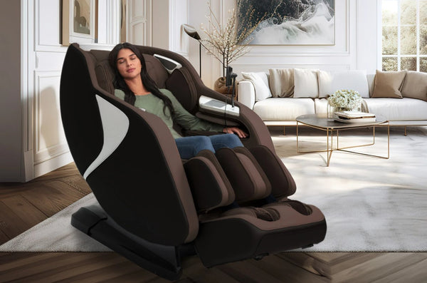Front Right Side View Of The Kyota Joubu M880 4D Massage Chair In Black And Dark Brown Color Shown In An Indoor Setting With A Woman Sitting In The Chair