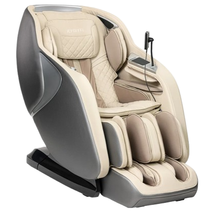 Front Right Side View Of The Kyota Joubu M880 4D Massage Chair Shown In Gray And Tan Color 