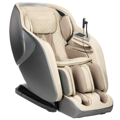 Front Right Side View Of The Kyota Joubu M880 4D Massage Chair Shown In Gray And Tan Color 
