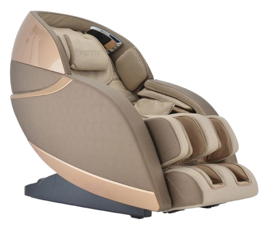 Front Right Side View Of The Kyota Kansha M878 Massage Chair In Gold And Tan Color