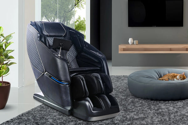 Front Right Side View Of The Kyota Kizuna M688 Massage Chair Shown In Black Color In An Indoor Setting