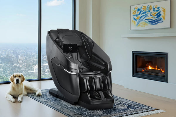 Front Right Side View Of The Kyota Zenyu M338 Massage Chair Shown In An Indoor Setting With A Dog Laying Beside The Chair With A City In The Background