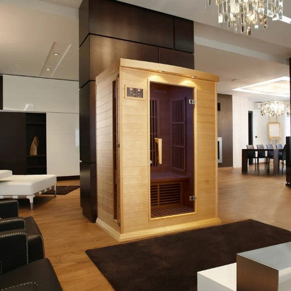 Front Right Side View Of The Maxxus 2-Person Low EMF FAR Infrared Indoor Sauna | MX-K206-01 Shown In An Indoor Setting