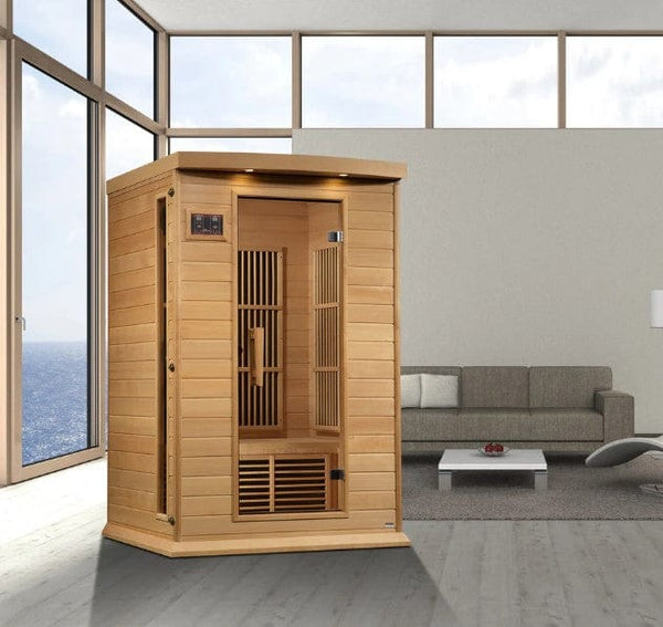 Front Right Side View Of The Maxxus 2-Person Near Zero EMF FAR Infrared Indoor Sauna | MX-K206-01-ZF Shown In An Indoor Setting