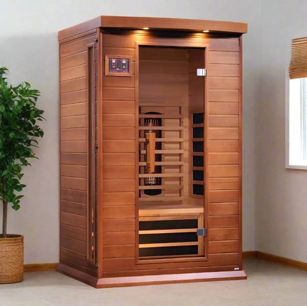 Front Right Side View Of The Maxxus 2-Person Near Zero EMF Full Spectrum Indoor Infrared Sauna | MX-M206-01-FS CED Shown In An Indoor Setting