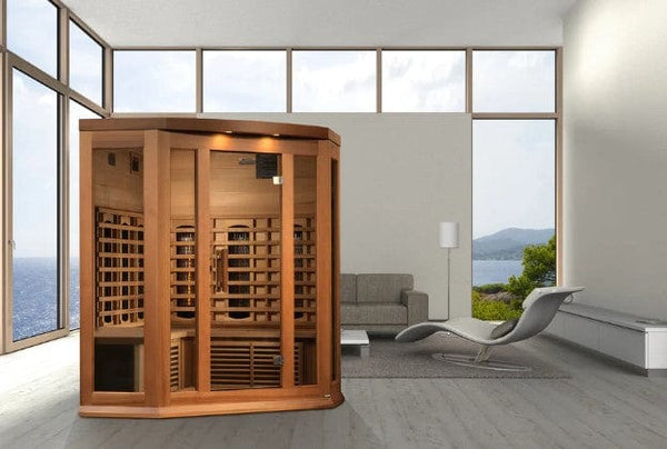 Front Right Side View Of The Maxxus 3-Person Full Spectrum Near Zero EMF Infrared Indoor Corner Sauna | MX-M356-01-FS CED Shown In An Indoor Setting