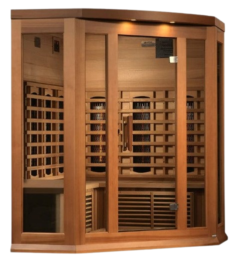 Front Right Side View Of The Maxxus 3-Person Full Spectrum Near Zero EMF Infrared Indoor Corner Sauna | MX-M356-01-FS CED