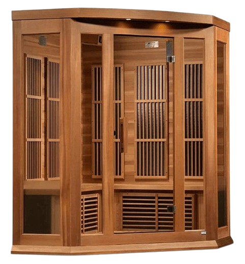 Front Right Side View Of The Maxxus 3-Person Near Zero EMF FAR Infrared Corner Indoor Sauna | MX-K356-01-ZF-CED