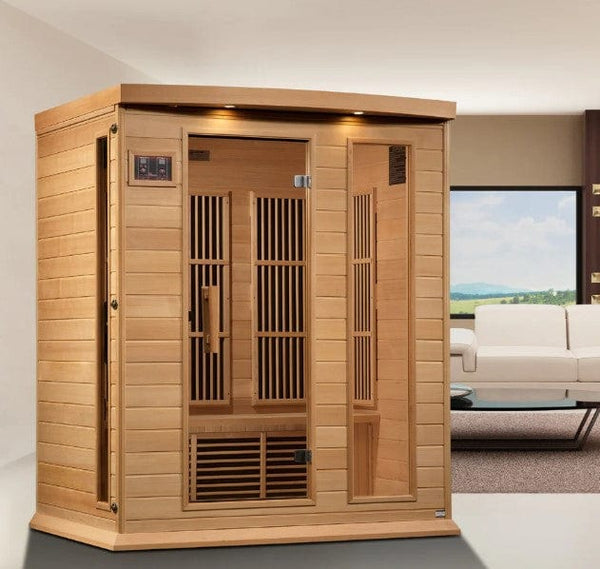 Front Right Side View Of The Maxxus 3-Person Near Zero EMF FAR Infrared Indoor Sauna | MX-K306-01-ZF Shown In An Indoor Setting