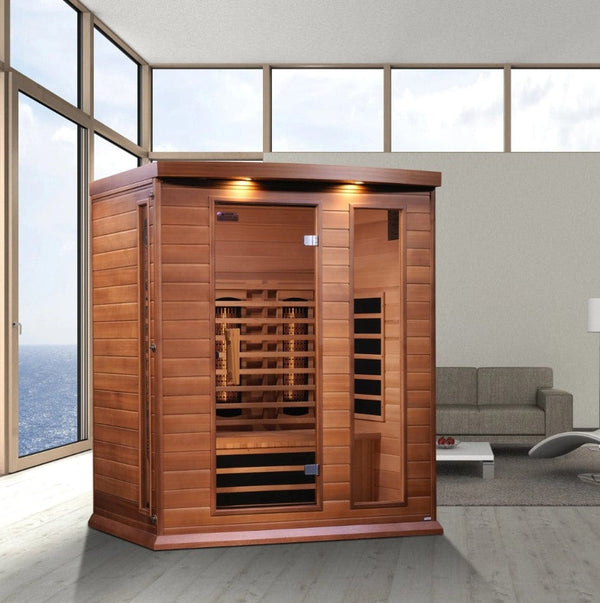 Front Right Side View Of The Maxxus 3-Person Near Zero EMF Full Spectrum Infrared Indoor Sauna | MX-M306-01-FS-CED Shown In An Indoor Setting