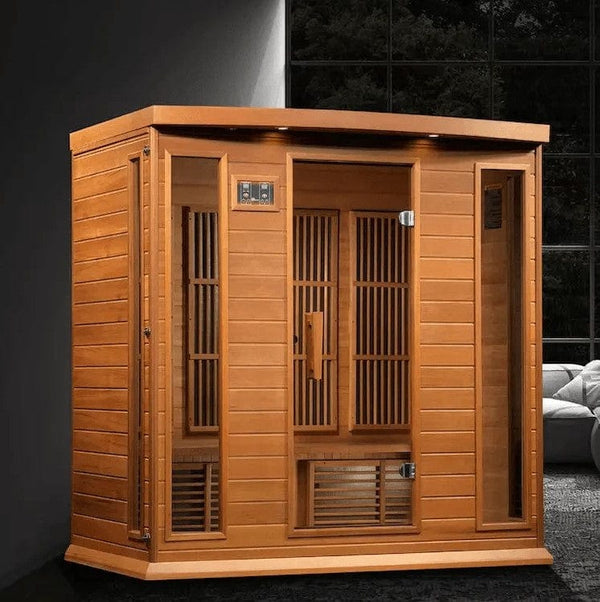 Front Right Side View Of The Maxxus 4-Person Near Zero EMF FAR Infrared Indoor Sauna | MX-K406-01-ZF CED Shown In An Indoor Setting