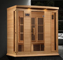 Front Right Side View Of The Maxxus 4-Person Near Zero EMF FAR Infrared Indoor Sauna | MX-K406-01-ZF Shown In An Indoor Setting