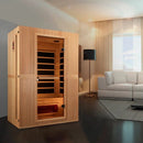 Front Right Side View Of The Maxxus Serenity 2-Person Low EMF FAR Infrared Indoor Sauna | MX‐LS2‐01 Shown In An Indoor Setting