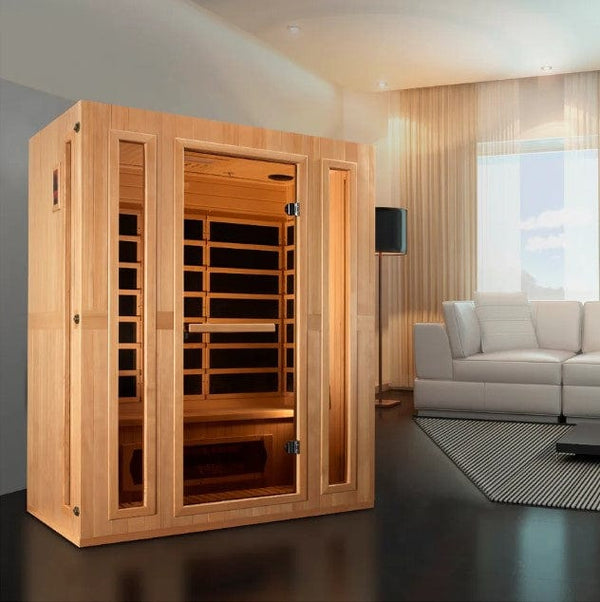 Front Right Side View Of The Maxxus Trinity 3-Person Low EMF FAR Infrared Indoor Sauna | MX‐LS3‐01 Shown In An Indoor Setting