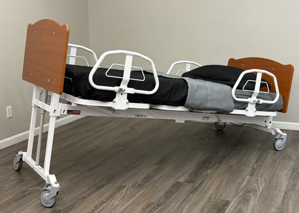 Front Right Side View Of The Med Mizer EX8000 Bariatric Adjustable Bed Shown In The Trendelenburg Position
