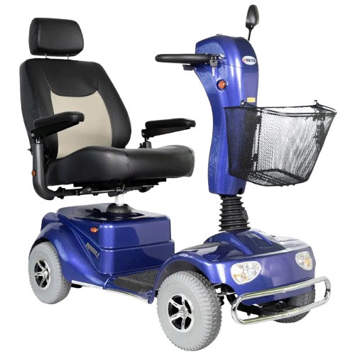 Front Right Side View Of The Merits Pioneer 4 Mobility Scooter Shown In Blue Color