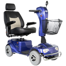 Front Right Side View Of The Merits Pioneer 4 Mobility Scooter Shown In Blue Color